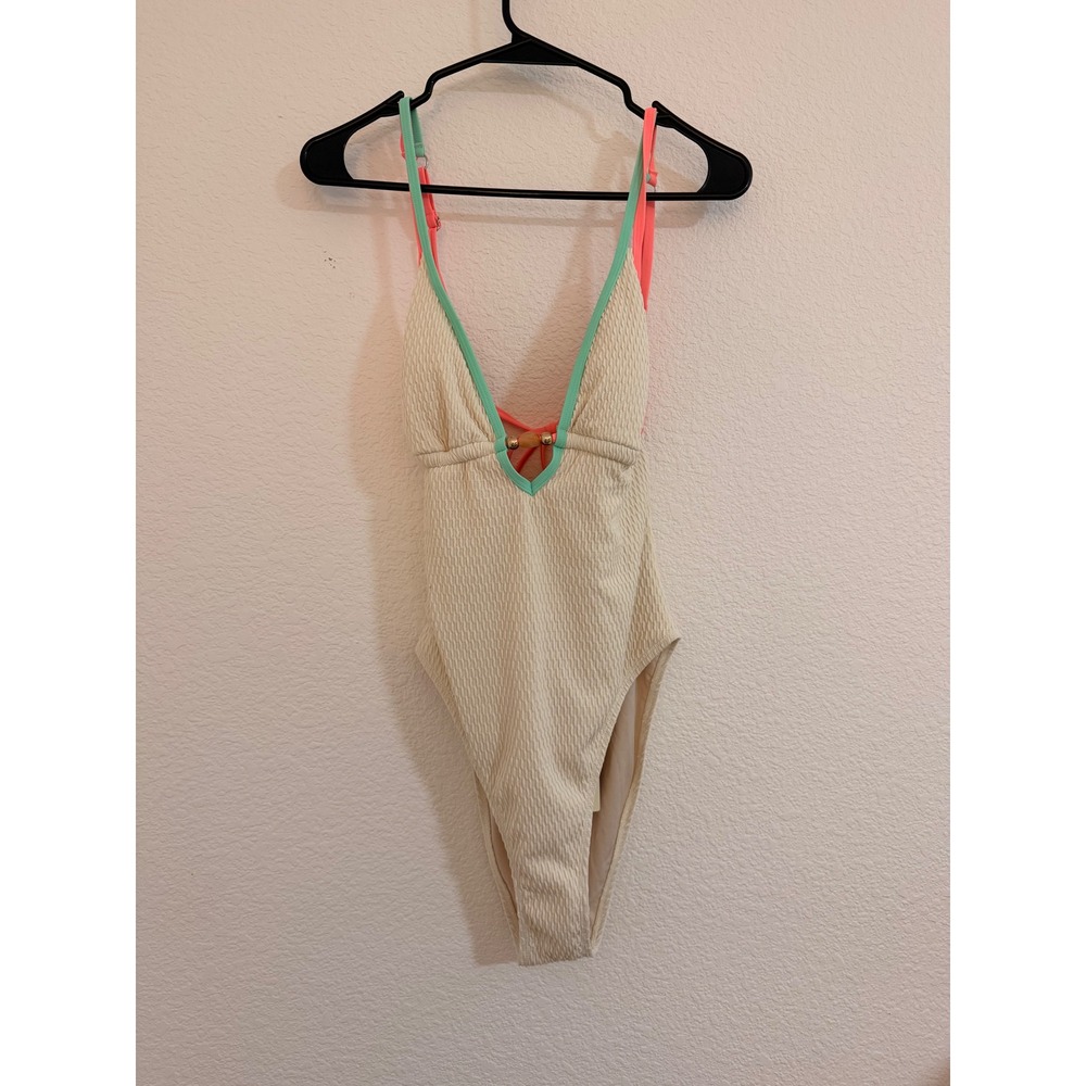 Cupshe Cream Textured OnePiece Swimsuit Mint Coral Trim V-Neck M beaded backless